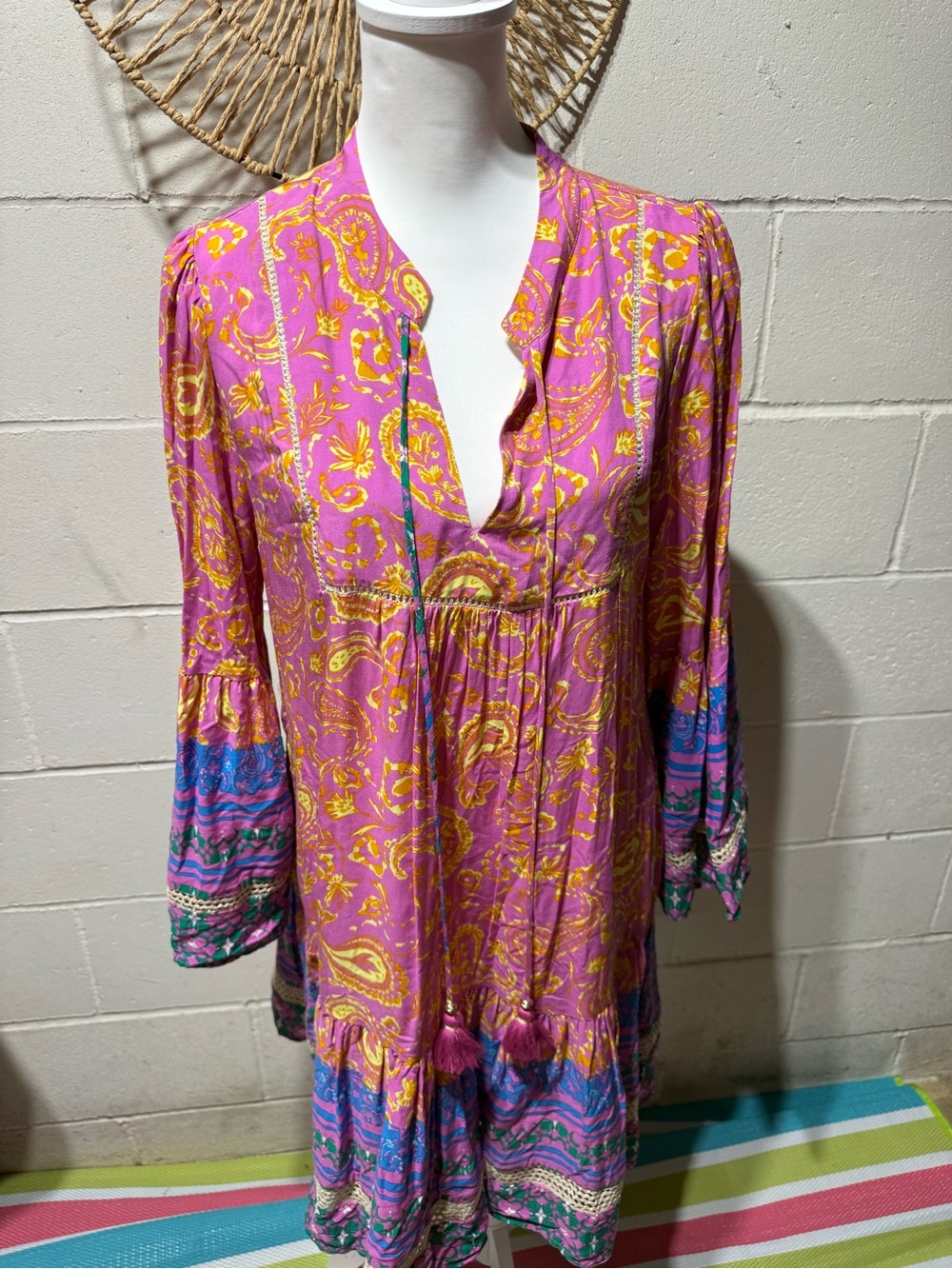 Coco + Carmen Pink and Yellow Paisley Boho Tunic Dress with Blue Accents